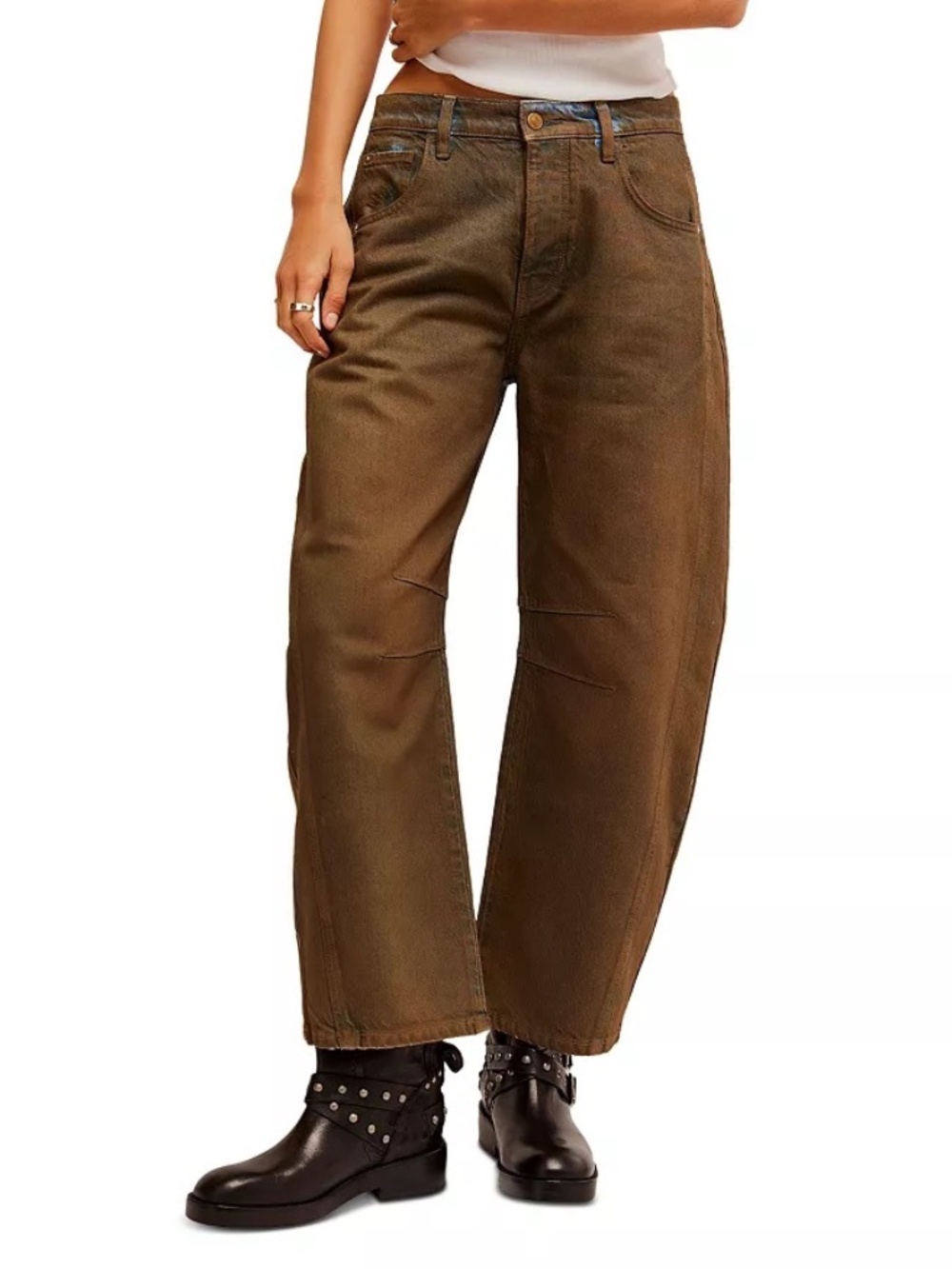 Free People We The Free Good Luck Barrel Leg Jeans Olive Green 28